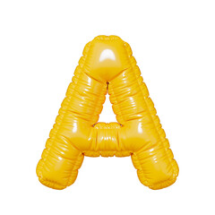 A. Yellow volumetric letter A with a glossy texture. Letter in the form of a balloon isolated on a transparent background. PNG 3D render. Letter of the Latin alphabet.