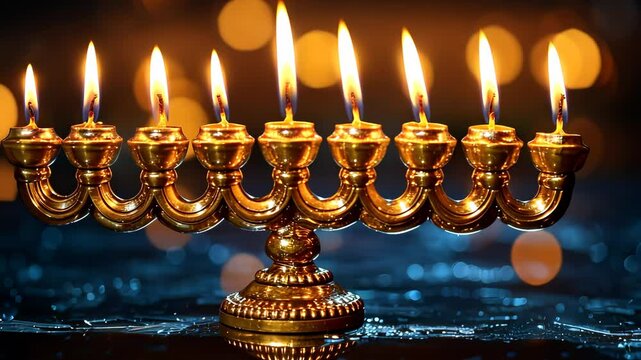 Golden menorah with lit candles, glowing festive lights. Hanukkah celebration and tradition concept.