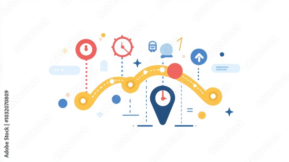 Poster a flat design timeline with key points marked along a pathway, visualizing the roadmap concept for a