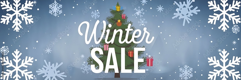 Wall mural a christmas tree with snowflakes and presents on it. the banner says winter sale. the banner is blue