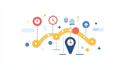 Fototapeta premium A flat design timeline with key points marked along a pathway, visualizing the roadmap concept for achieving long-term goals.