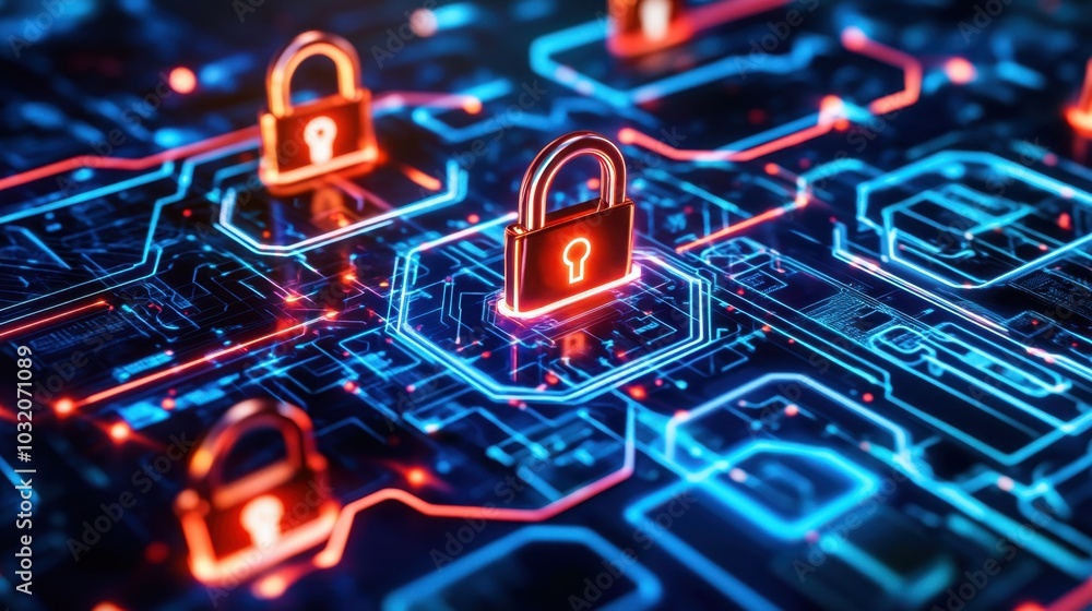 Poster a flowing network grid with encrypted locks and keys, visualizing cybersecurity data protection and 