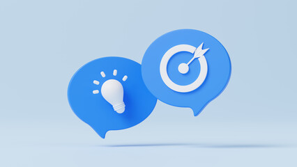 Dart hit the center of dartboard with light bulb on speech bubble, achieving goals and objectives or goal setting concept. Organizational growth and objectives, marketing strategy planning. 3d render
