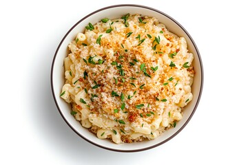 Flat Lay of a Gourmet Mac and Cheese With Breadcrumbs and Herbs, on a Clean White Surface, Food Photography, Food Menu Style Photo Image