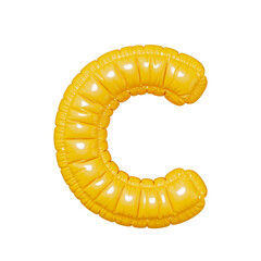 C. Yellow volumetric letter C with a glossy texture. Letter in the form of a balloon isolated on a transparent background. PNG 3D render. Letter of the Latin alphabet.