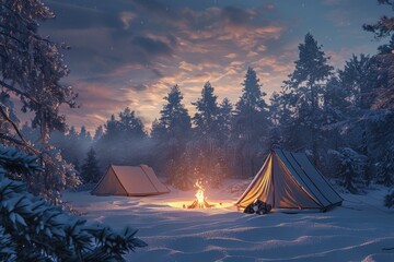 Two tents pitched in snowy landscape, outdoor adventure setup