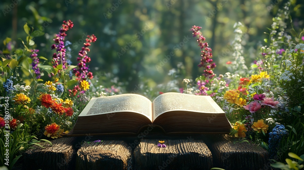 Aufkleber serene 3d scene of an open book placed on a rustic wooden table surrounded by soft colorful flowers 