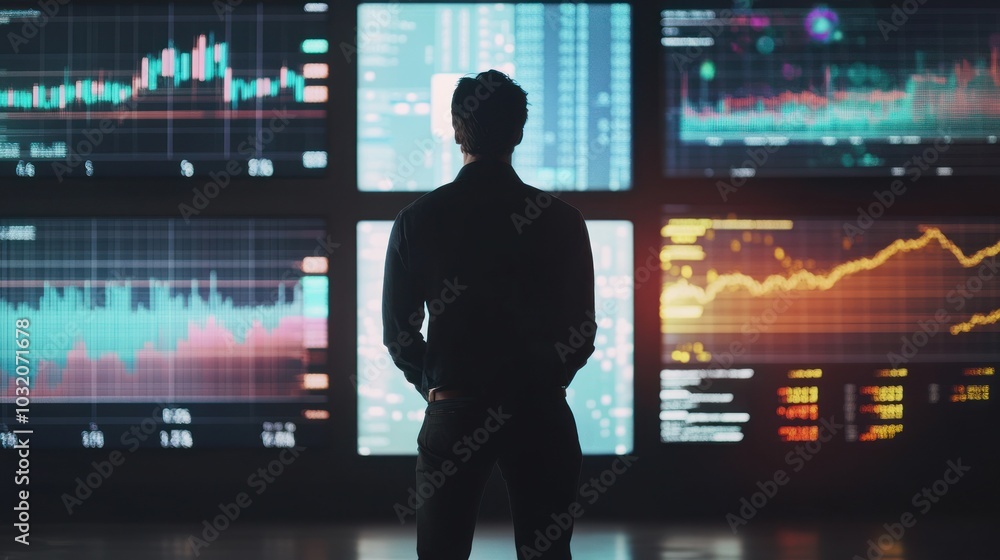 Poster man analyzing financial data on multiple screens