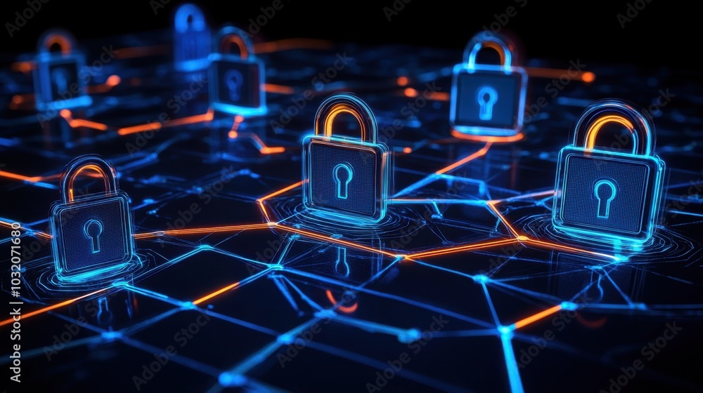 Poster a futuristic digital grid with encrypted privacy locks and flowing decryption keys, illustrating adv