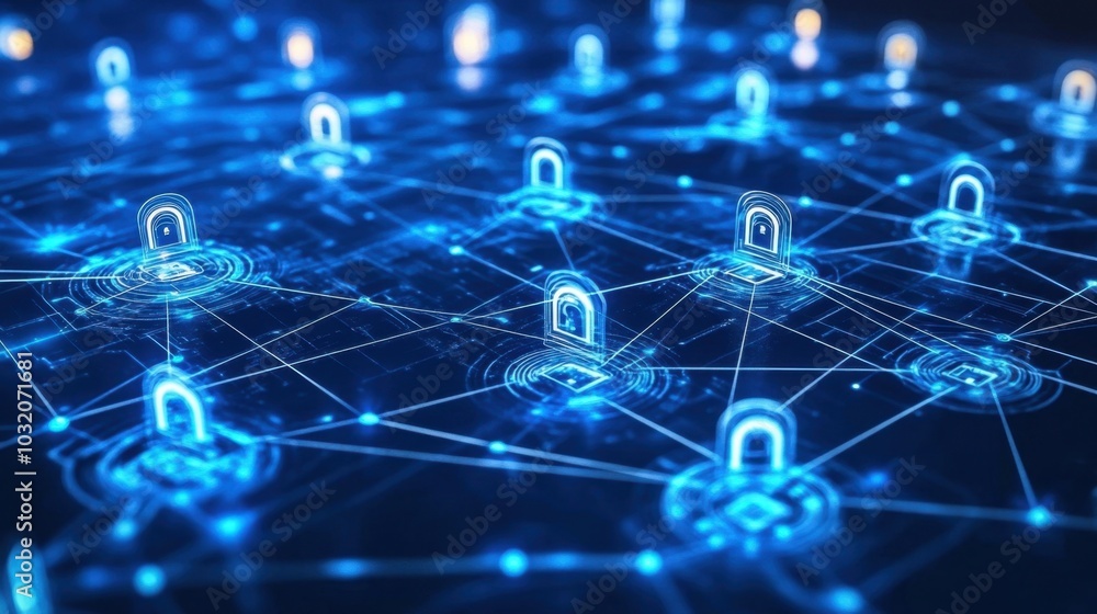 Poster a futuristic digital grid with encrypted privacy locks and flowing decryption keys, illustrating adv