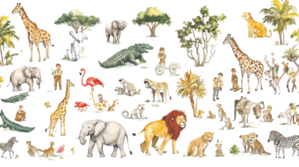 Colorful Watercolor Safari Animals Set Featuring African Wildlife Generative AI