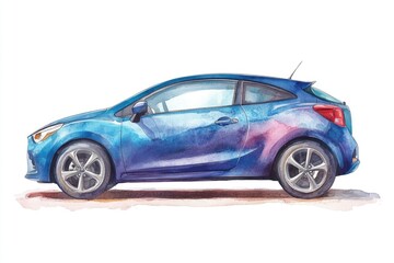 A blue car painted in watercolor style on a white background, great for designs and illustrations