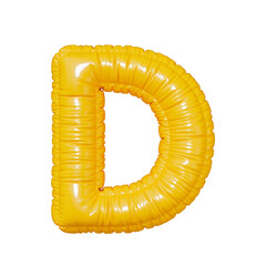 D. Yellow volumetric letter D with a glossy texture. Letter in the form of a balloon isolated on a transparent background. PNG 3D render. Letter of the Latin alphabet.