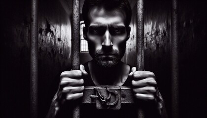 A man locked in a closed world looks with empty eyes, devoid of any spark of life