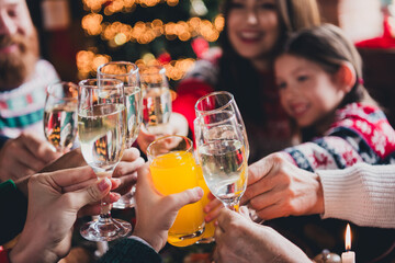 Cropped photo of group family members clink champagne juice gather celebrate christmas apartment indoors