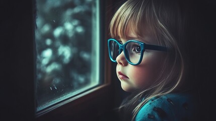 Young child wearing blue glasses focusing on distant tree outside window, symbolizing myopia prevention and importance of outdoor activities.
