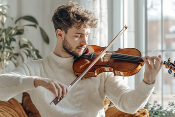 Handsome man musical artist playing violin at home
