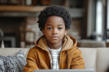 Fototapeta premium Portrait of a black man who gesticulates and talks to the camera, communicates via video call, Generative AI