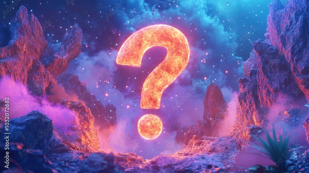 Poster a large glowing question mark symbol in vibrant colors, suspended in a surreal abstract space of exp