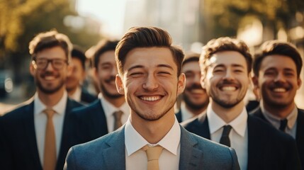 Fototapeta premium Smiling group of young men in urban setting, outdoors