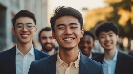 Diverse young professionals smiling in urban outdoor
