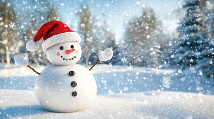 A joyful snowman with a big red Santa hat, waving cheerfully in a snowy landscape, surrounded by winter magic, 3D illustration.