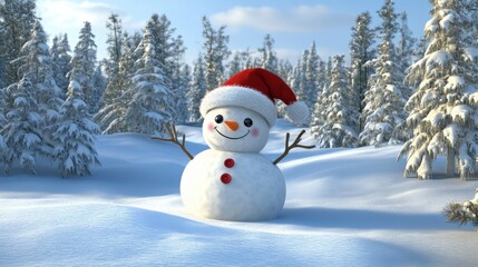Obraz premium A joyful snowman with a big red Santa hat, waving cheerfully in a snowy landscape, surrounded by winter magic, 3D illustration.