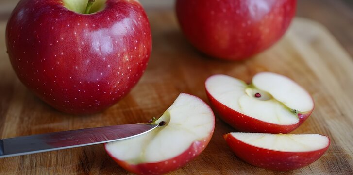 A close-up of red apples on a wooden cutting board, with one sliced open and a knife.