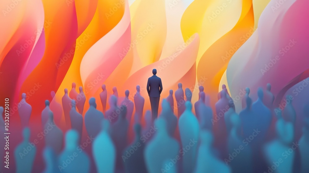 Poster a leader in a 3d scene stands at the forefront of a crowd, symbolizing unity, leadership, and purpos