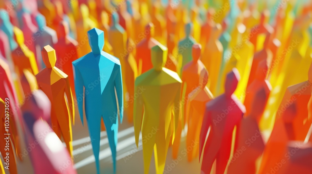 Poster a leader in a 3d scene stands at the forefront of a crowd, symbolizing unity, leadership, and purpos