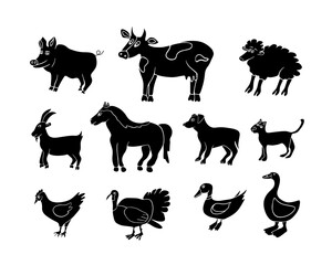 Silhouettes feature popular domestic animals like cows, pigs, and dogs, highlighting their shapes and characteristics in a playful arrangement