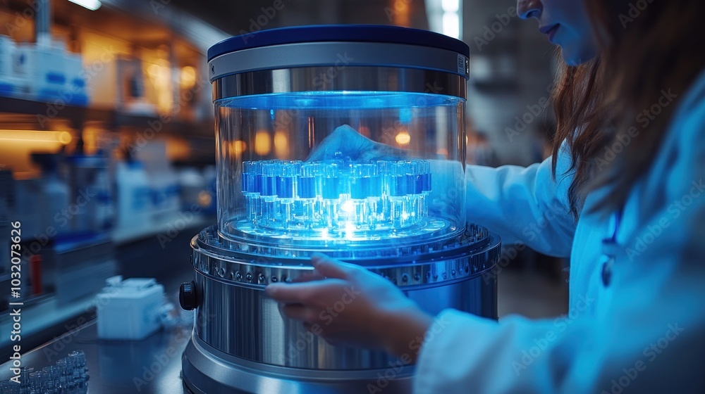 Poster a scientist in a lab coat is working with a machine with blue light.