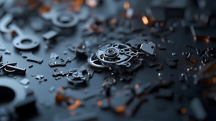 Intricate dismantled mechanical watch with detailed gears and springs on dark background, symbolizing precision and complexity in teardown analysis.