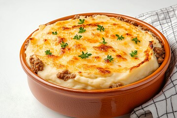 A Hearty Shepherd’s Pie With Mashed Potatoes and Cheese, Served in a Ceramic Dish, Food Photography, Food Menu Style Photo Image