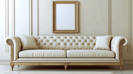 Fototapeta premium Luxurious white sofa in elegant, classic interior with vintage decor. Stylish living room.