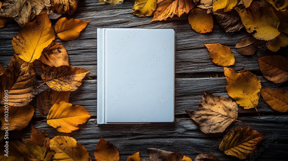Poster serene autumn flat lay showcasing golden leaves and a pristine white blank book on a rustic wooden s