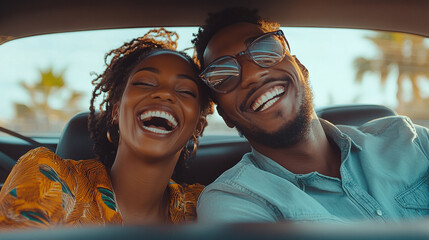 A couple smiles and laughs together while sitting in a car.