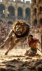 Roman gladiator fighting a lion in an ancient Roman circus full of spectators. Historical reenactment image of the ancient Roman Empire