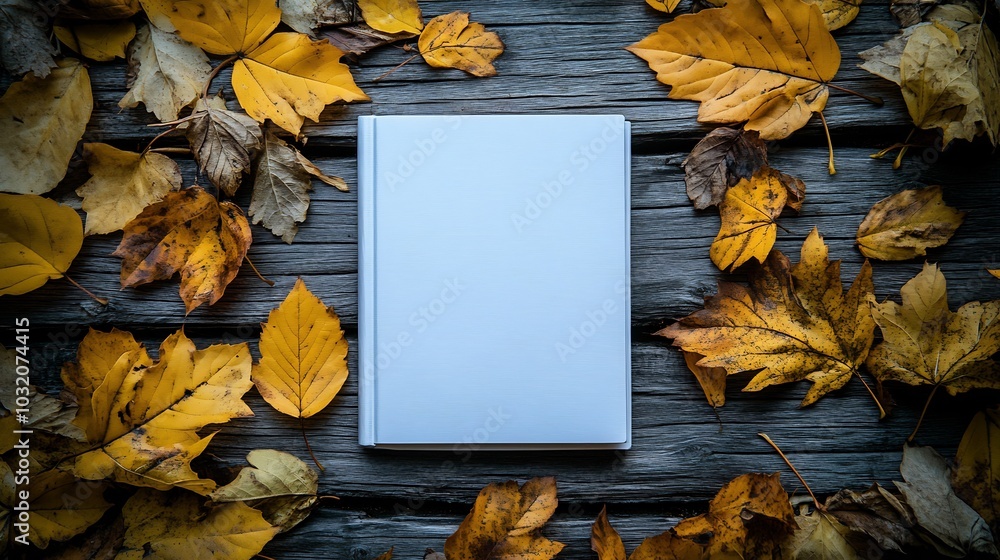 Poster serene autumn flat lay showcasing golden leaves and a pristine white blank book on a rustic wooden s