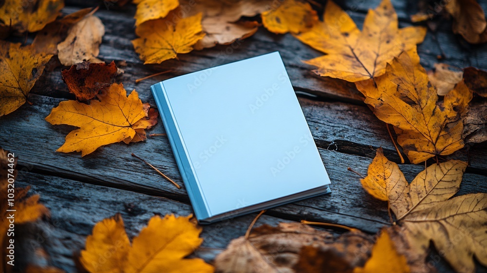 Poster serene autumn flat lay showcasing golden leaves and a pristine white blank book on a rustic wooden s