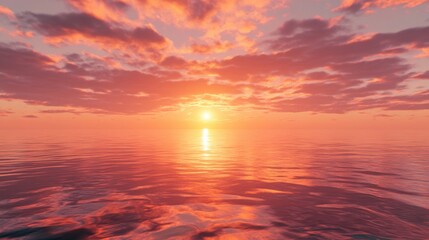 Fototapeta premium A sunset over the ocean with detailed clouds reflecting orange and pink hues in the calm water below.