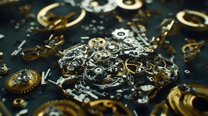 Intricate dismantled mechanical watch with detailed gears and springs on dark background, symbolizing precision and complexity in teardown analysis.
