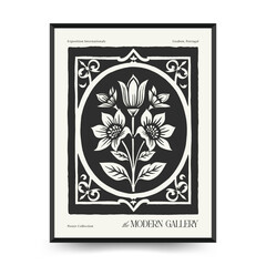 Abstract linocut floral posters template. Modern trendy minimal style. Black and white colors. Botanical blockprint. Hand drawn design for wallpaper, wall decor, print, postcard, cover, template.