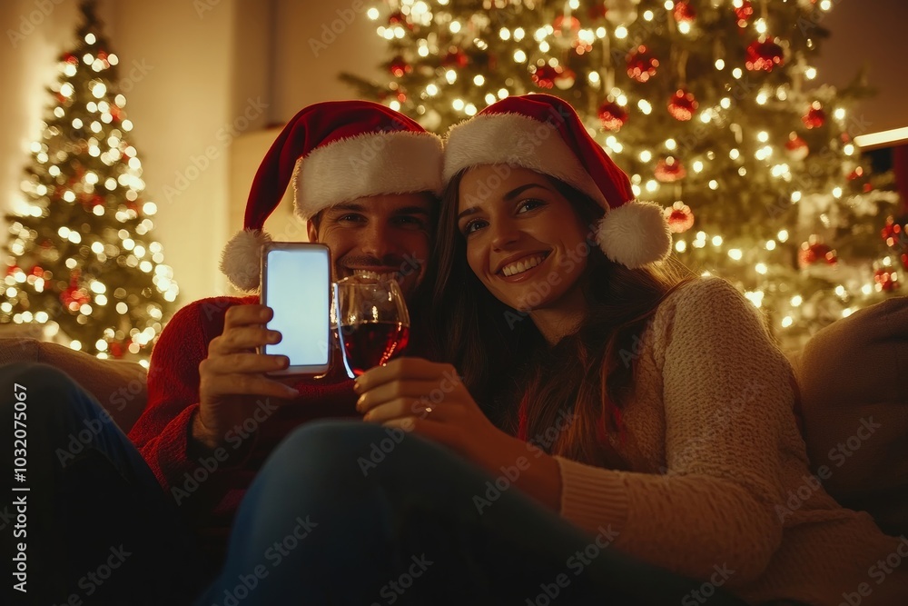 Wall mural happy spouses in santa hats cheers glasses with wine, make selfie on phone, sitting on sofa in livin