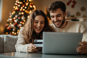 Young happy caucasian couple use laptop and credit card in living room interior with christmas tree and garlands, ordering gifts online, Generative AI