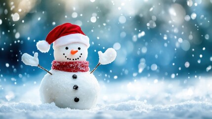 Fototapeta premium A snowman with a red Santa hat, waving happily amid a snowy landscape, bringing holiday cheer to a wintery world.