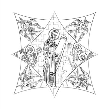 recommend clip art: John Chrysostom. Cross dome with 4 apostles, angels and seraphim. Coloring page in Byzantine style