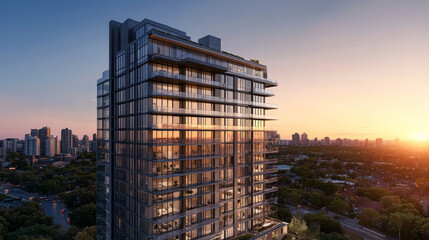 A striking high-rise building with a sleek design against a sunset backdrop, highlighting the intricate facade and vibrant city life below