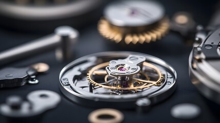 Intricate dismantled mechanical watch with detailed gears and springs on dark background, symbolizing precision and complexity in teardown analysis.