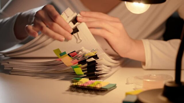 Workaholic woman at office desk searching through overload stack of paper documents with colorful tape stickers, close up. Bureaucracy business concept.